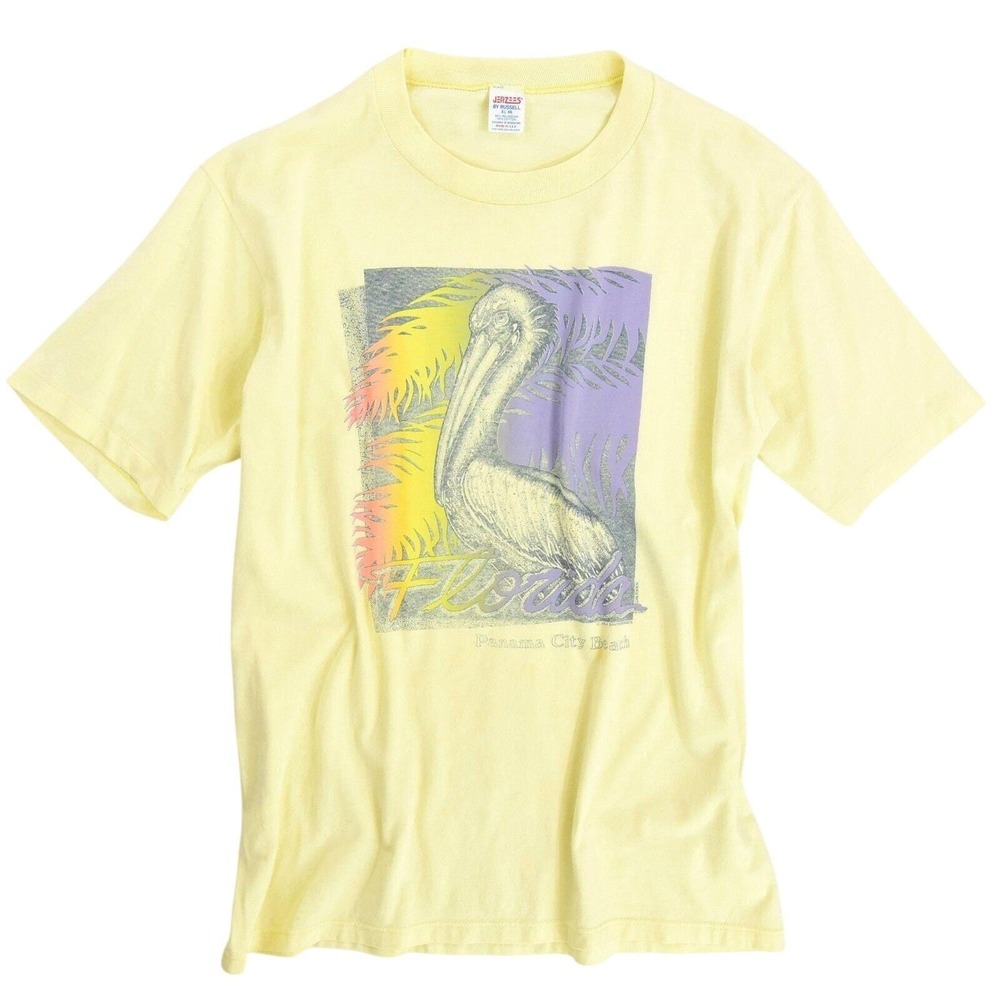 80s Vintage Pastel Yellow Pelican T Shirt Novelty FL Graphic Tee Mens L Unisex